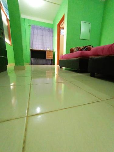 a living room with green walls and a couch at DAOH'S Rooms & Scooters in Tanjung Rhu 