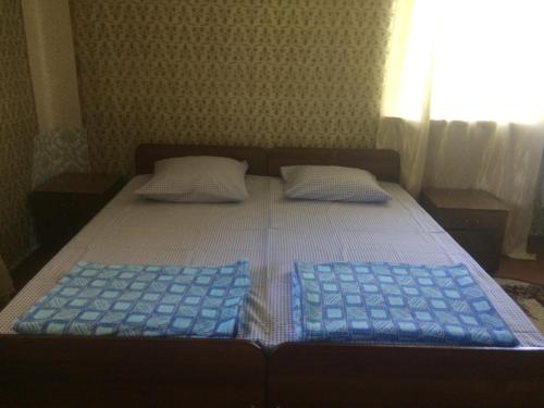 Una cama con dos almohadas azules encima. en Guesthouse at Oleg's Zolotoy Bereg, en Gudauta