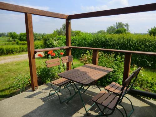 ein Picknicktisch und zwei Stühle auf einer Veranda mit einem Blumenfeld in der Unterkunft Hotel Kranichblick in Kluis