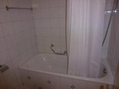 eine Badewanne mit Duschvorhang im Bad in der Unterkunft Apartment Grillon in Anzère