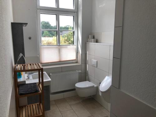 ein Bad mit einem WC, einem Waschbecken und einem Fenster in der Unterkunft Hof Jüttmann in Badbergen