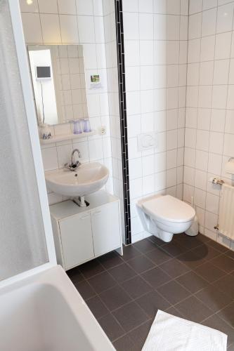 a white bathroom with a sink and a toilet at Hotel Vierhouten in Vierhouten