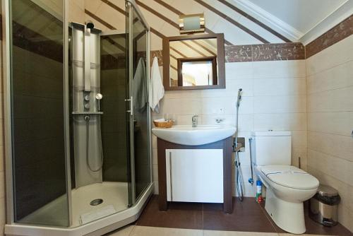 a bathroom with a shower and a sink and a toilet at Gorny Ruchej in Hora