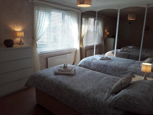 een slaapkamer met 2 bedden en een groot raam bij Hilltop House in Airdrie