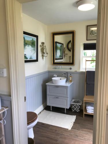 a bathroom with a sink and a mirror at Corriebeg Cottage in Borris