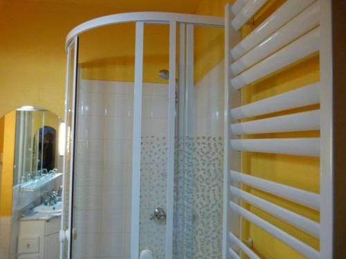 y baño con ducha y lavamanos. en Chambres d'hôtes Logis Du Jerzual, en Dinan