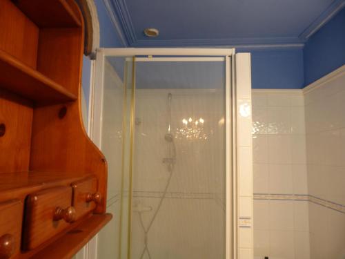 a shower with a glass door in a bathroom at Chambres d'hôtes Logis Du Jerzual in Dinan