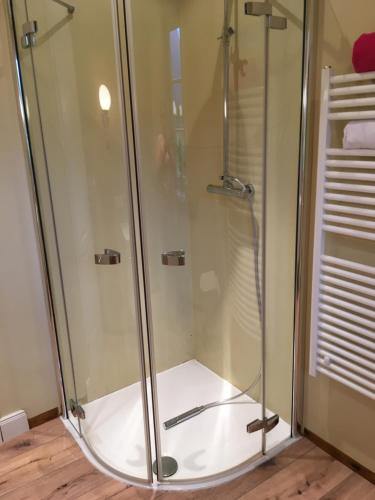 a shower with a glass door in a bathroom at Landhaus Roidergütl in St. Wolfgang