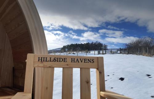a sign that reads hillside hawks in the snow at Hillside Havens in Dufftown