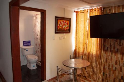 een badkamer met een toilet en een televisie in een kamer bij La Gran Fortaleza B&B in Bogota