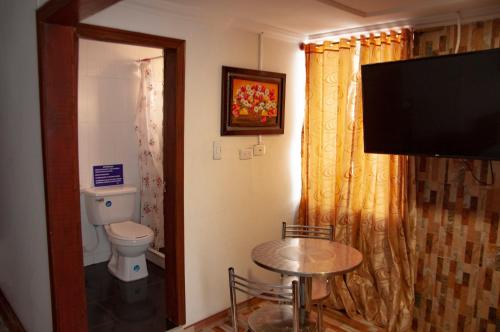 a bathroom with a toilet and a television in a room at La Gran Fortaleza B&B in Bogotá