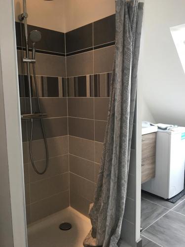 une douche avec un rideau de douche dans une salle de bain dans l'établissement Studio 2 personnes Nid Cocooning Calme grand confort, à Perros-Guirec