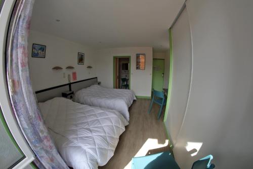 a bedroom with two beds and a mirror at Hotel De l'Europe in Meyrueis
