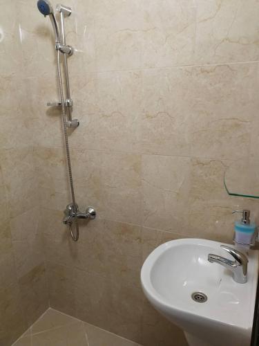 a bathroom with a sink and a shower at Слънчевата къща in Kovachevitsa