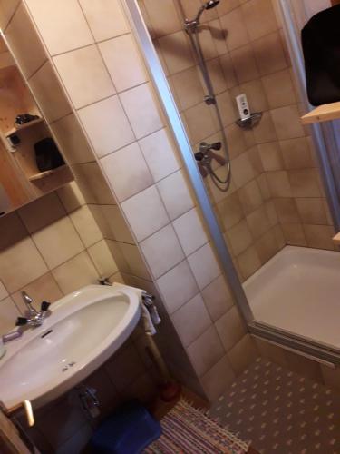 a small bathroom with a sink and a shower at Unterniggleralm in Thurn