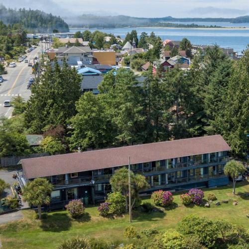 an aerial view of a building in a small town at Tofino Motel Harbourview in Tofino
