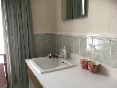 baño con lavabo y cortina de ducha en Crammond House en Ramelton