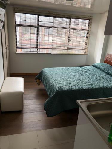 Aparta estudio en norte في بوغوتا: غرفة نوم بسرير ومغسلة ونوافذ