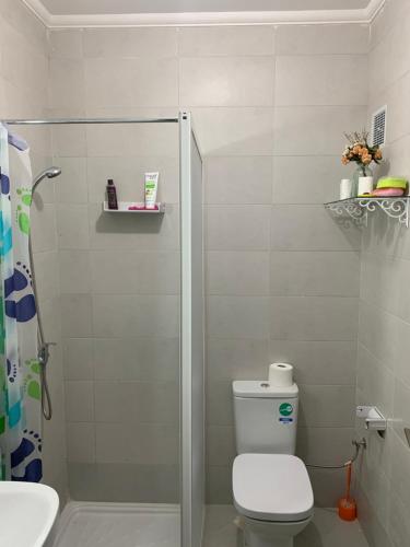 a bathroom with a shower and a toilet and a sink at Résidence Lilia Al Jabal M’diQ in M'diq