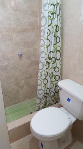 a bathroom with a toilet and a shower curtain at Hospedaje Arana in Chincha Alta