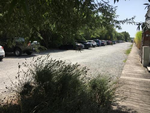 a parking lot with a row of parked cars at Bootshaus am See in Neusiedl am See