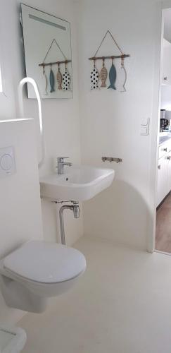 a white bathroom with a toilet and a sink at De Zeeuwse Lûûkjes 1 in Serooskerke