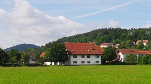 a white house with a red roof in a field at Rhönblick Landhotel - Restaurant - Countrypub in Petersberg