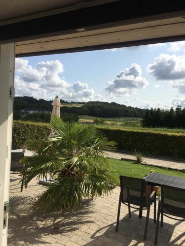 a view of a patio with a table and a palm tree at Bed & Breakfast Horsens - Udsigten in Horsens