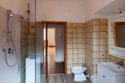 y baño con ducha, aseo y lavamanos. en Maison Isabella - Appartamento nel cuore di Aosta, en Aosta