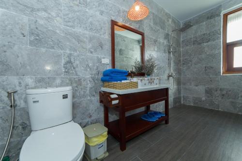a bathroom with a toilet and a sink and a mirror at Hoi An Sea Village Homestay in Hoi An