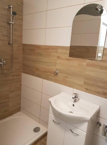 a bathroom with a sink and a shower and a tub at Penzion Alka in Kaplice