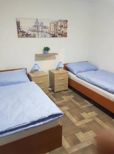a bedroom with two beds and a painting on the wall at Penzion Alka in Kaplice