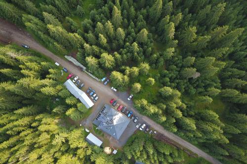 an overhead view of a parking lot in a forest at Pension Cabana Cetatile Ponorului in Padis