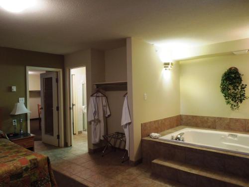 a bathroom with a bath tub and a bedroom at Walking Eagle Inn & Lodge in Rocky Mountain House