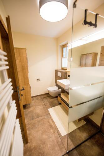 a bathroom with a glass shower and a toilet at Leni´s Appartements in Fieberbrunn