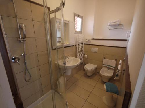 a bathroom with a shower and a toilet and a sink at Hotel Piccadilly in Lido di Camaiore