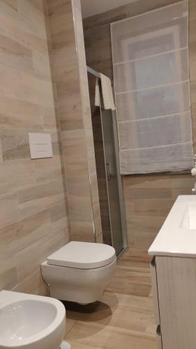 a bathroom with a white toilet and a shower at La Guardata Agriturismo in Montefiascone