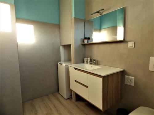 W łazience znajduje się umywalka i lustro. w obiekcie L'escale des Palmiers w mieście Saint-Denis