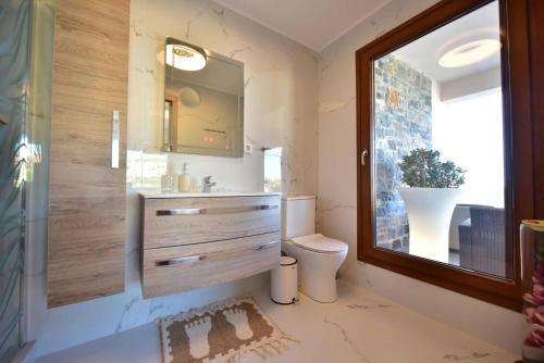 a bathroom with a toilet and a sink and a mirror at Sea Front Panorama Villa Private Pool in Agia Pelagia