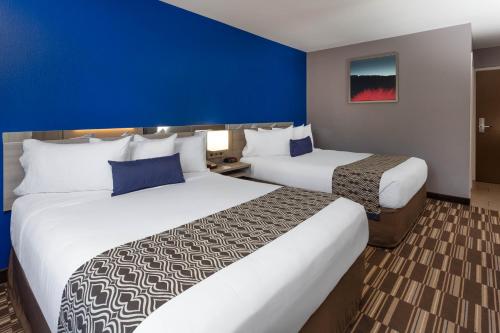 two beds in a hotel room with blue walls at Microtel Inn & Suites by Wyndham Bethel/Danbury in Bethel