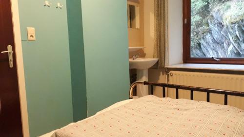 a bedroom with a bed and a sink and a window at Le Moulin Lemaire in Houffalize