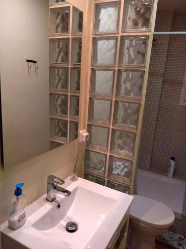 a bathroom with a sink and a toilet and a mirror at Can Bonshoms in Ribes de Freser