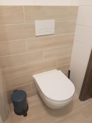 ミエンジズドロイェにあるAQUAMARINA ONYX 147のバスルーム(白いトイレ、青いゴミ箱付)