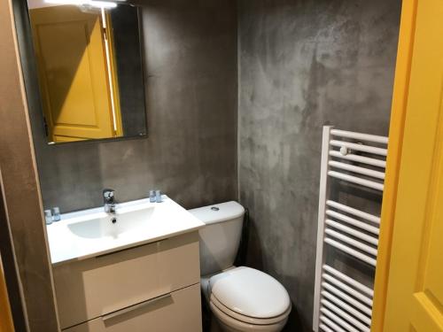 La salle de bains est pourvue de toilettes, d'un lavabo et d'un miroir. dans l'établissement Appart Hotel Acadien, à Salon-de-Provence