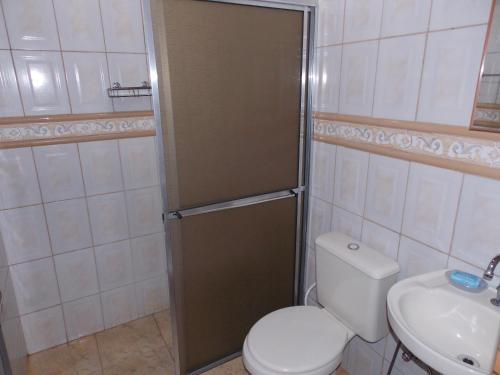 a bathroom with a shower and a toilet and a sink at Pousada Aldeia das Flores in Olímpia