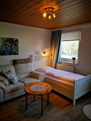 a bedroom with a bed and a couch and a table at Ferienwohnungen und Ferienhaus im Nixenweg in Hohwacht
