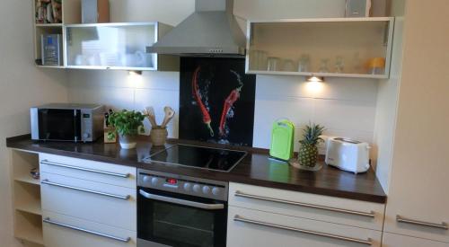 cocina con fogones horno superior junto a un microondas en Ferienwohnung Lehnert, en Radeberg