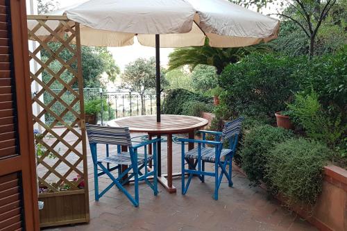 a table and chairs under an umbrella on a patio at Le pavoncelle blu in Nuoro