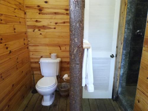 a bathroom with a toilet in a log cabin at The Woods Inn in Inlet