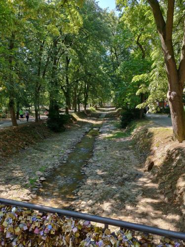 a tree lined path in a park with a fence at Hotel Fontana Vrnjačka Banja in Vrnjačka Banja